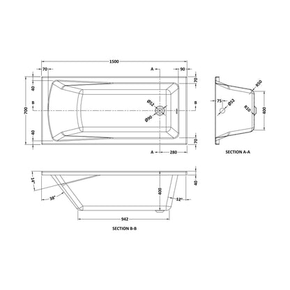 [BBSE405] Contemporary Square Single Ended Bath Tub & Leg Set - Multiple Sizes - Technical Drawing
