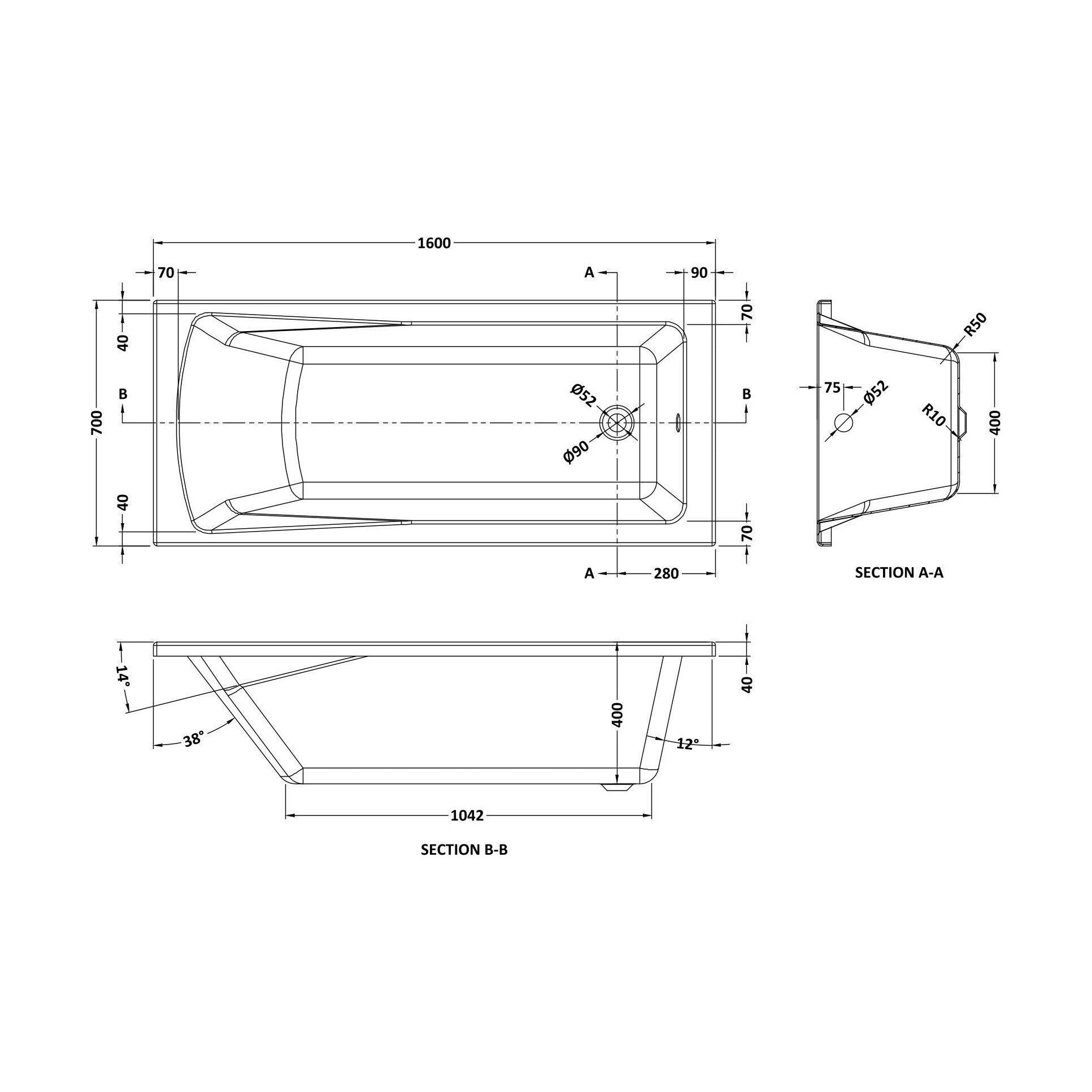 [BBSE407] Contemporary Square Single Ended Bath Tub & Leg Set - Multiple Sizes - Technical Drawing