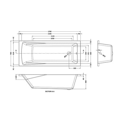 [BBSE409NL] Square Single Ended Bath 1700x700 - Technical Drawing