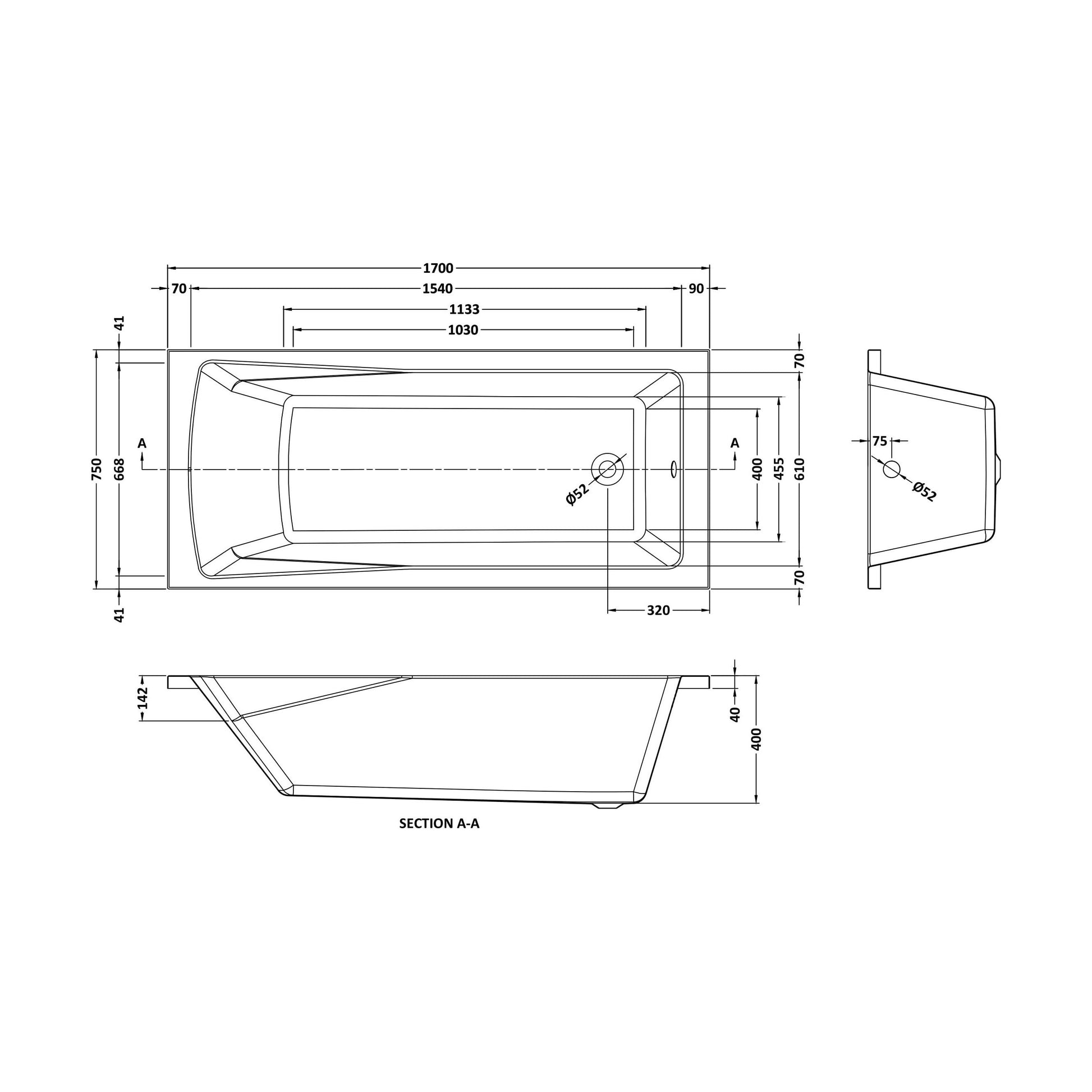 [BBSE410NL] Square Single Ended Bath 1700x750 - Technical Drawing