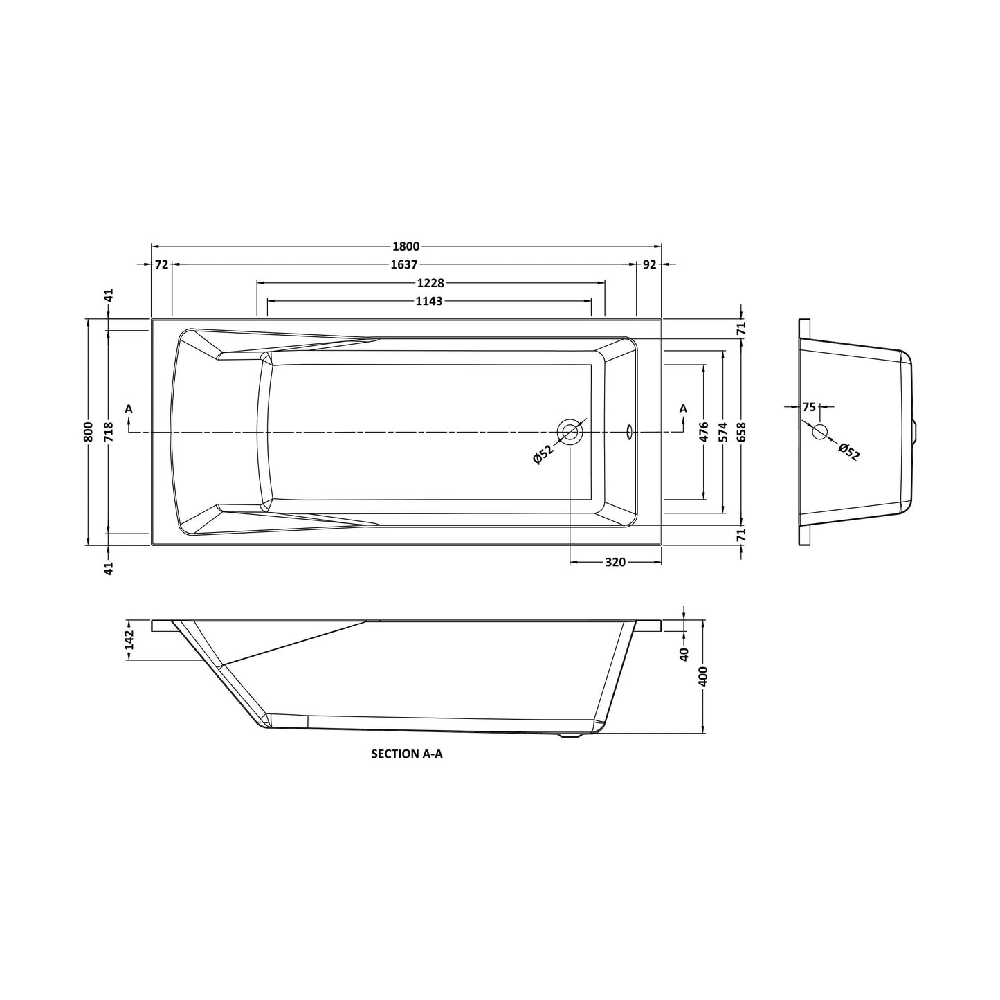 [BBSE414NL] Square Single Ended Bath 1800x800 - Technical Drawing