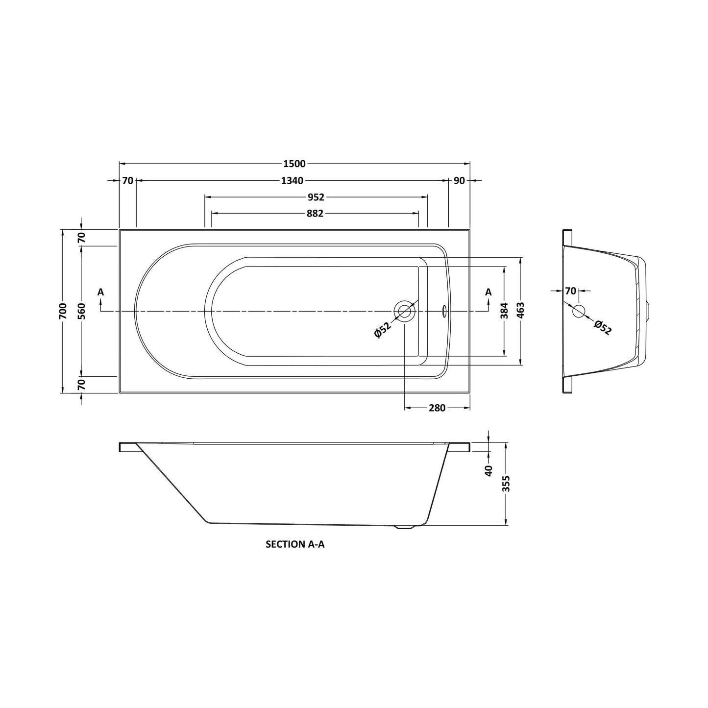 [BBSE605NL] Standard Single Ended Bath 1500x700 - Technical Drawing