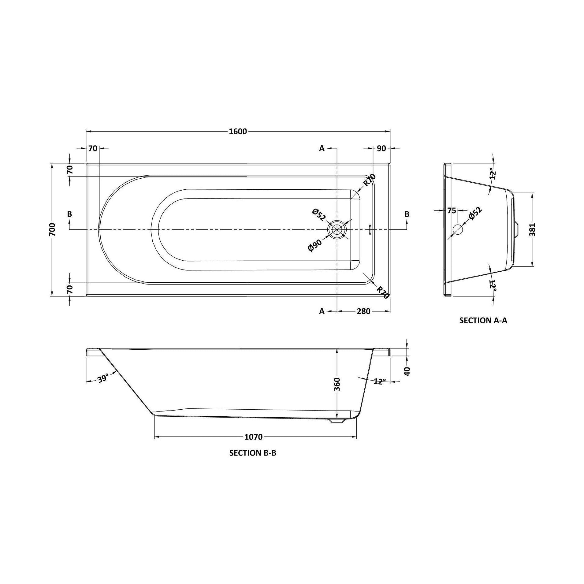 [BBSE607] Contemporary Round Single Ended Bath & Leg Set - Multiple Sizes Available - Technical Drawing