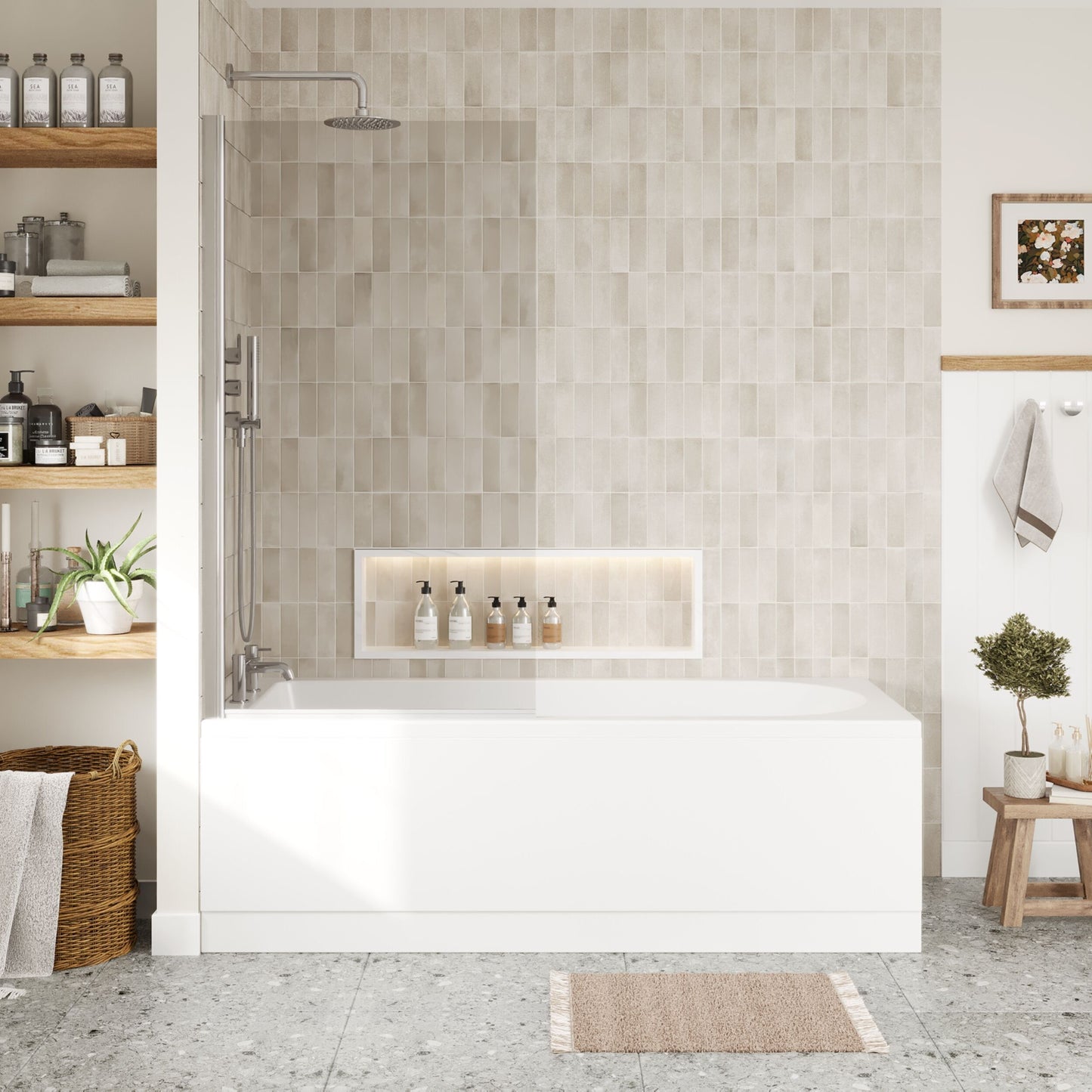 [BBSE60902] Round Single Ended 1700x700 Bath Set - Front & End Panels & Chrome Screen & Waste - Lifestyle 1