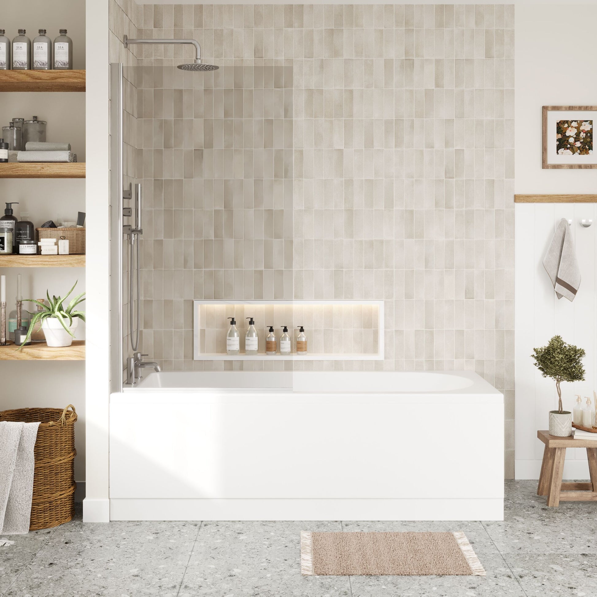 [BBSE60902] Round Single Ended 1700x700 Bath Set - Front & End Panels & Chrome Screen & Waste - Lifestyle 1