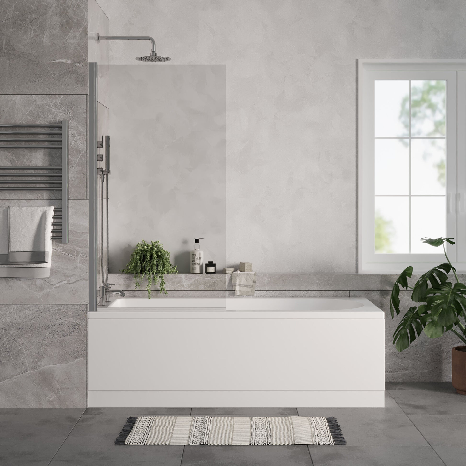 [BBSE60903] Round Single Ended 1700x700 Bath Set - Front & End Panels & Chrome Screen & Black Waste - Lifestyle 1