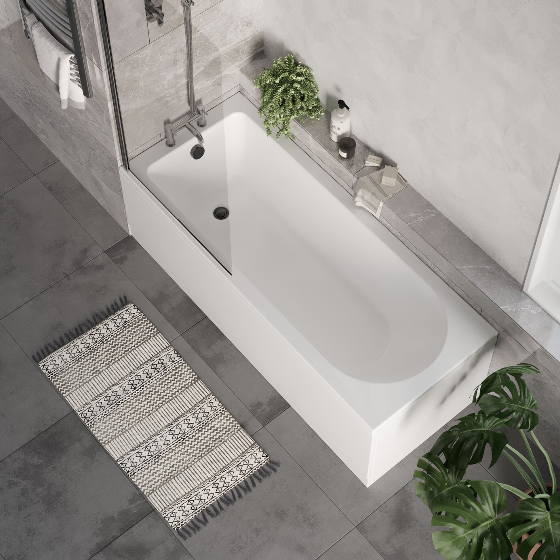 [BBSE60903] Round Single Ended 1700x700 Bath Set - Front & End Panels & Chrome Screen & Black Waste - Lifestyle 2