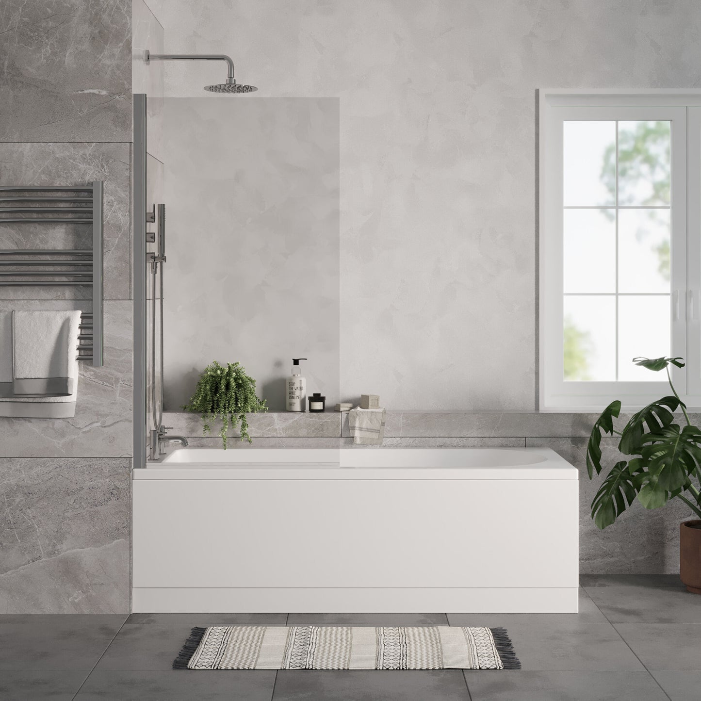[BBSE60904] Round Single Ended 1700x700 Bath Set - Front & End Panels & Chrome Screen & Brass Waste - Lifestyle 1