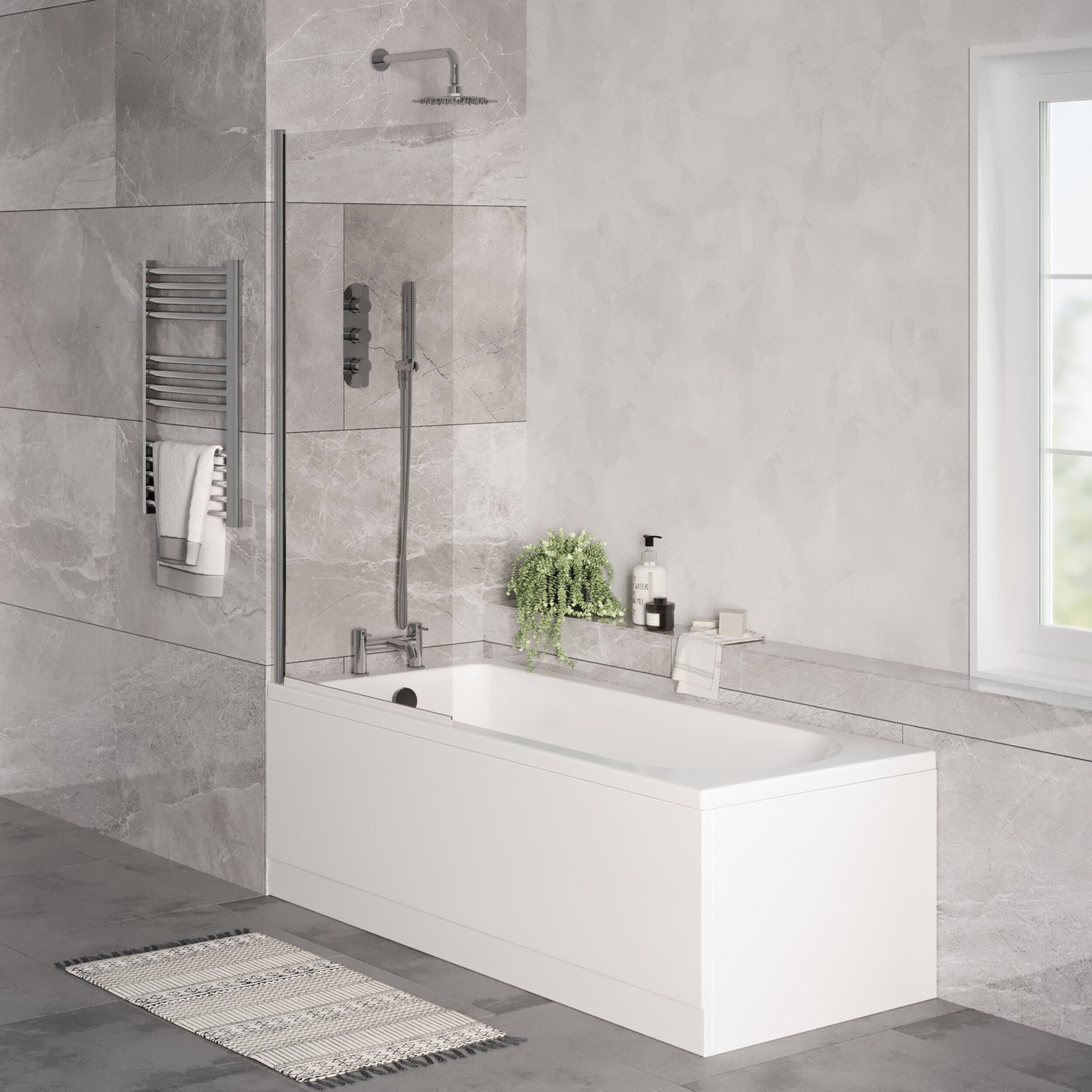 [BBSE60904] Round Single Ended 1700x700 Bath Set - Front & End Panels & Chrome Screen & Brass Waste - Lifestyle 3