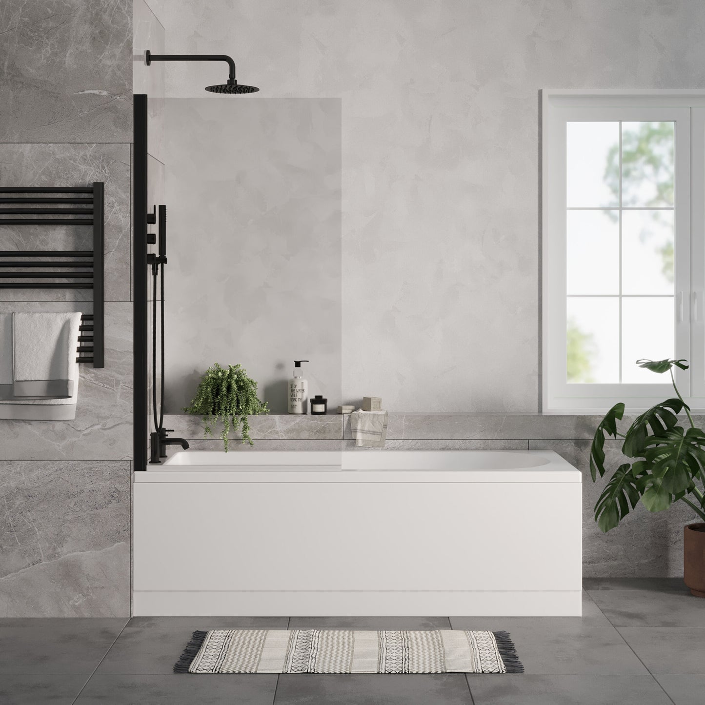 [BBSE60905] Round Single Ended 1700x700 Bath Set - Front & End Panels & Black Screen - Lifestyle 1