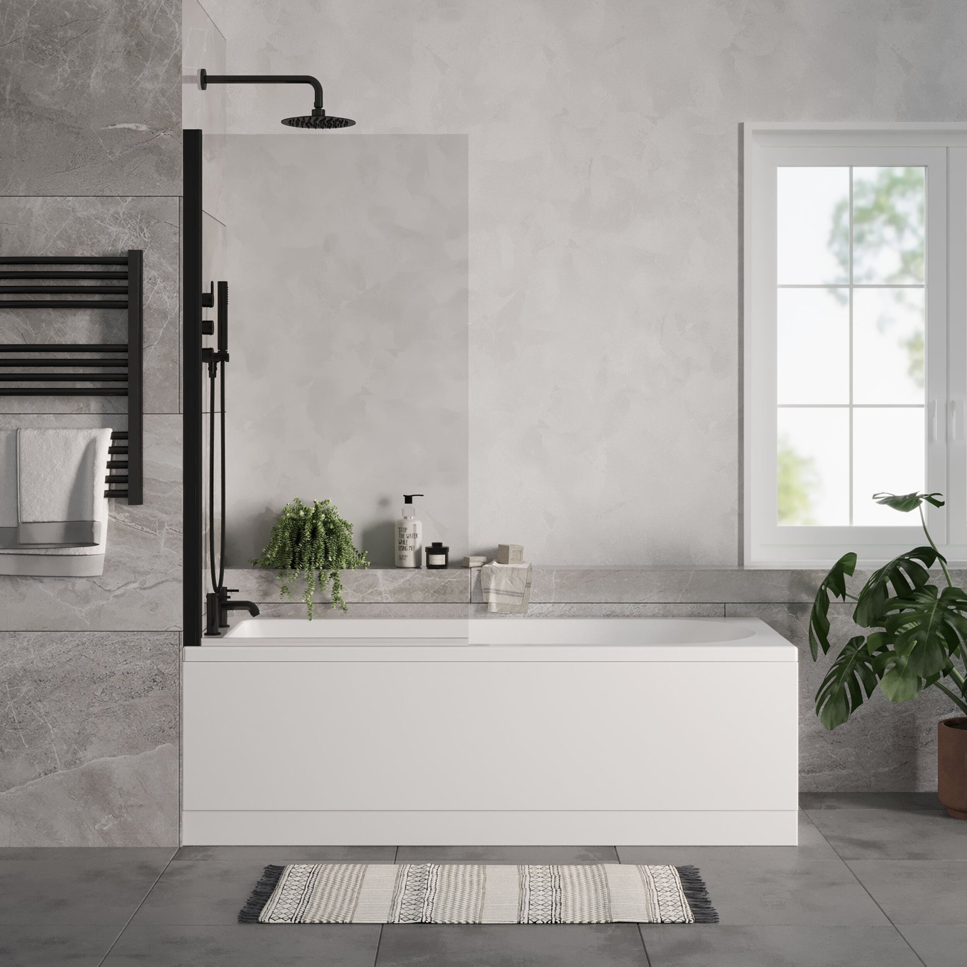 [BBSE60905] Round Single Ended 1700x700 Bath Set - Front & End Panels & Black Screen - Lifestyle 1