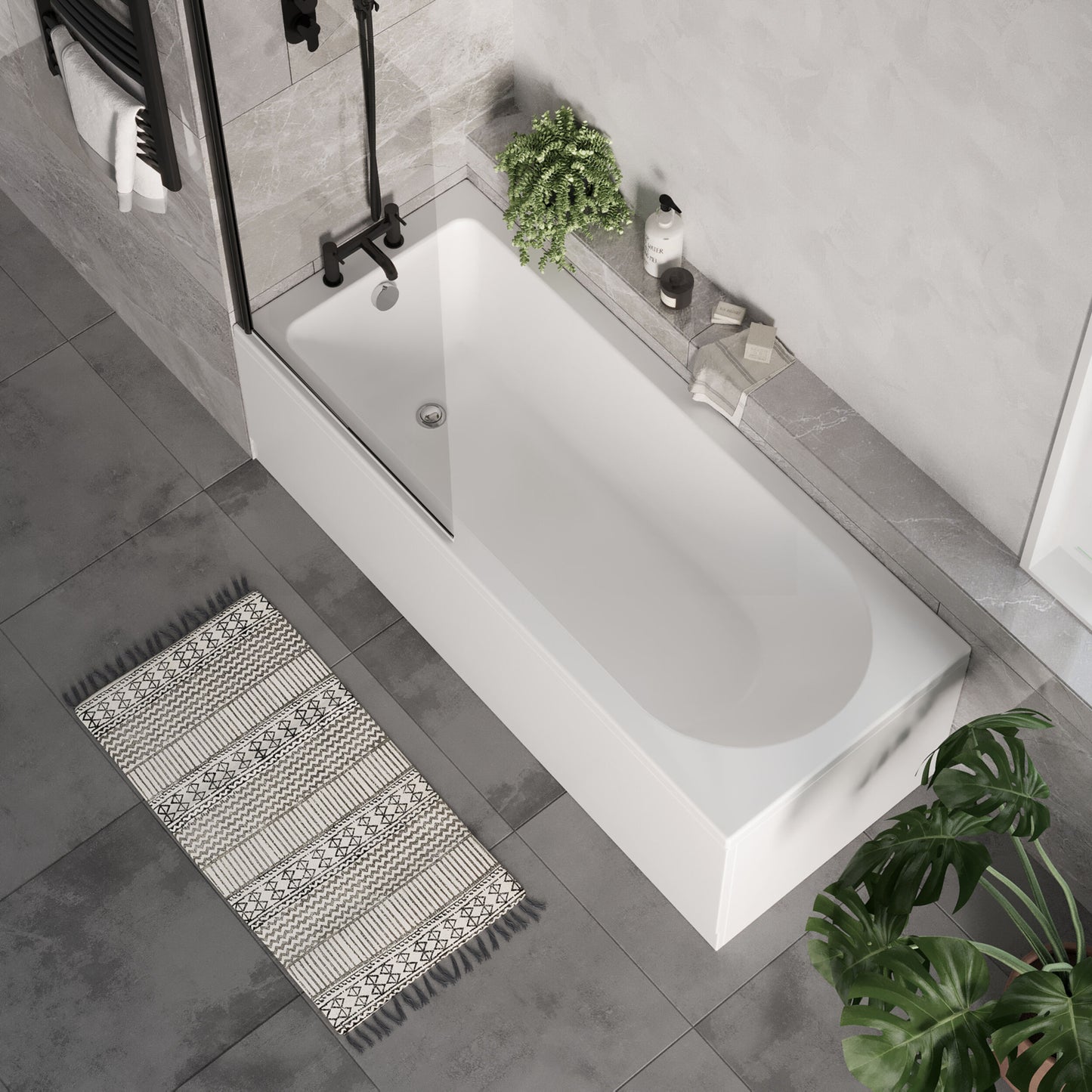 [BBSE60905] Round Single Ended 1700x700 Bath Set - Front & End Panels & Black Screen - Lifestyle 2