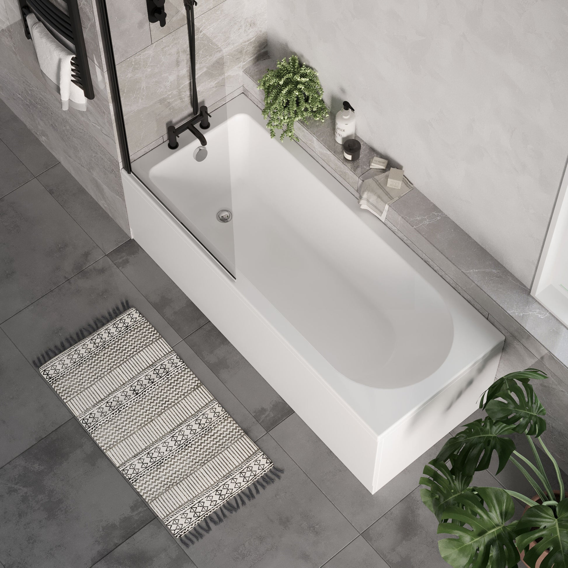 [BBSE60905] Round Single Ended 1700x700 Bath Set - Front & End Panels & Black Screen - Lifestyle 2
