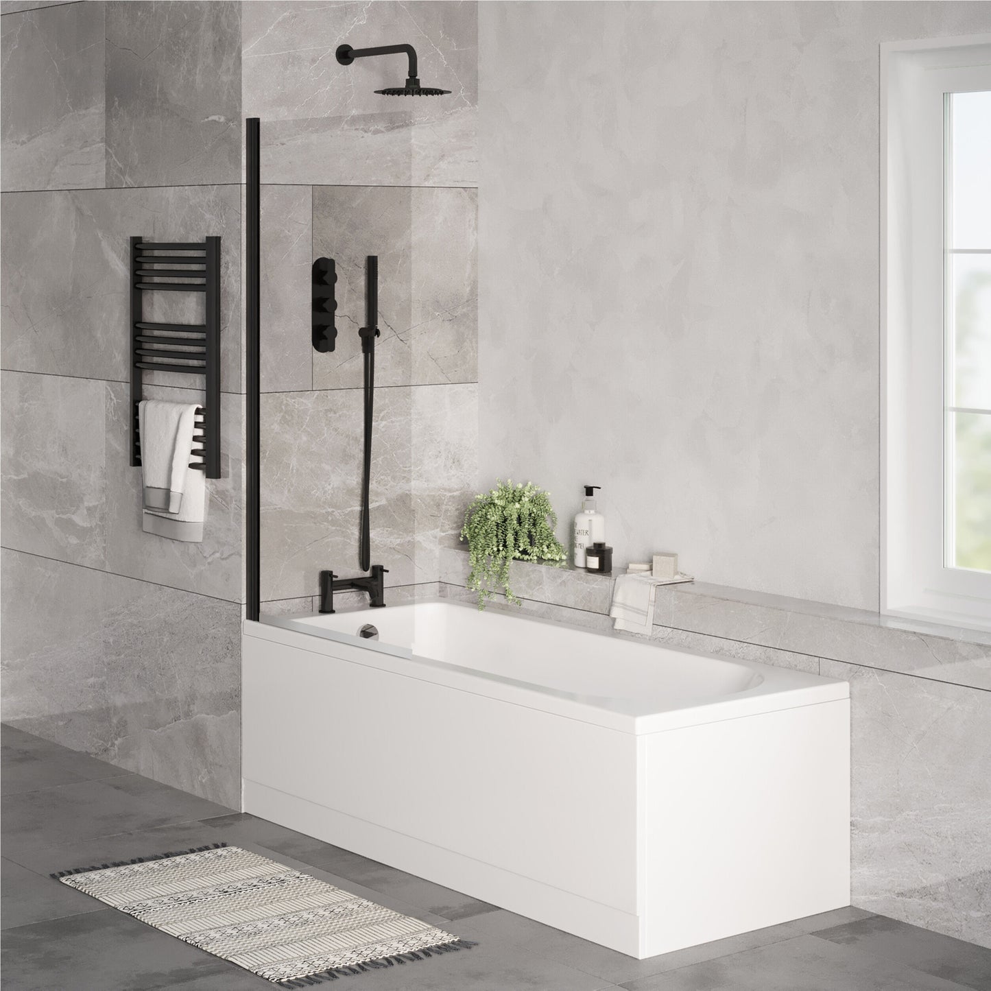 [BBSE60906] Round Single Ended 1700x700 Bath Set - Front & End Panels & Black Screen & Chrome Waste - Lifestyle 3