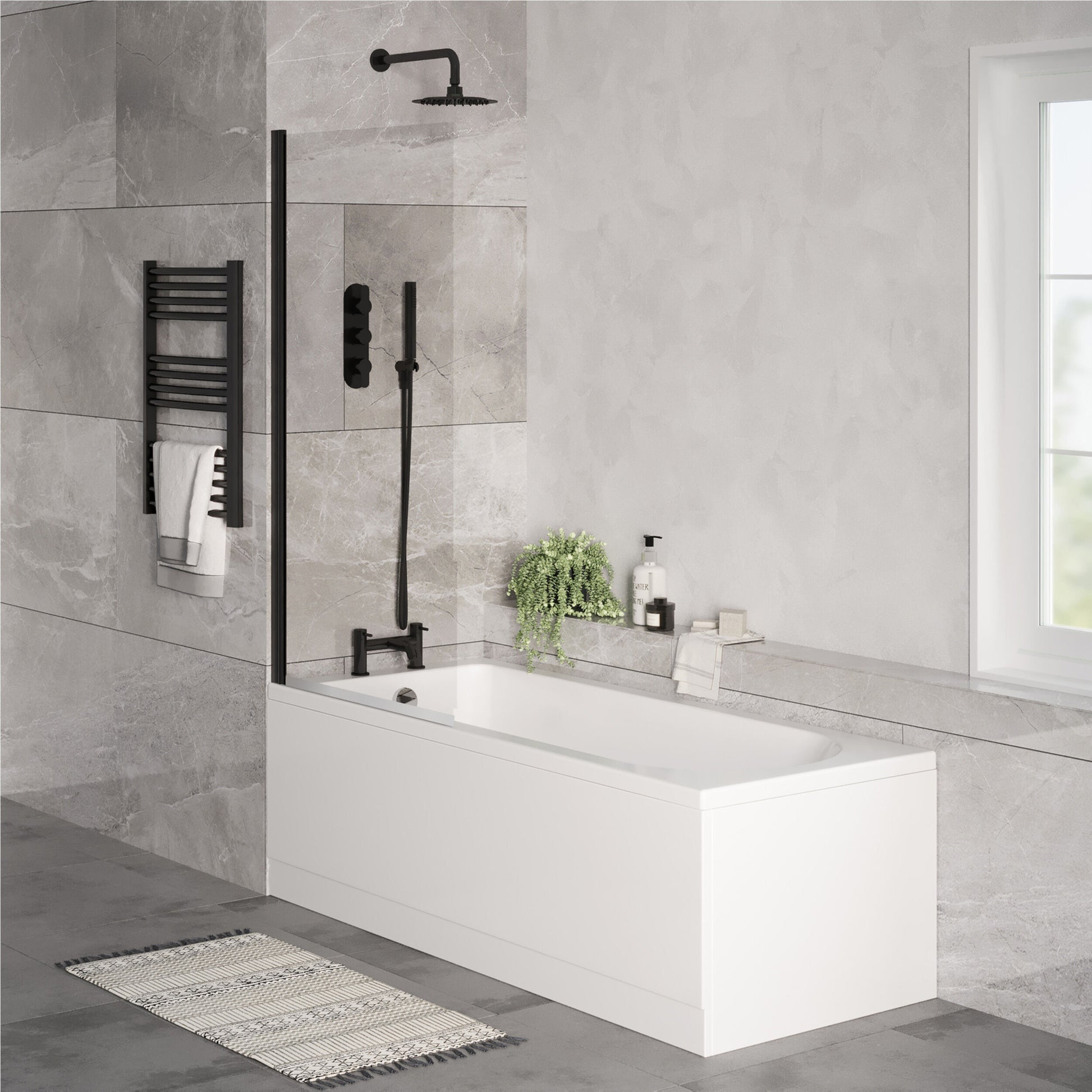 [BBSE60906] Round Single Ended 1700x700 Bath Set - Front & End Panels & Black Screen & Chrome Waste - Lifestyle 3