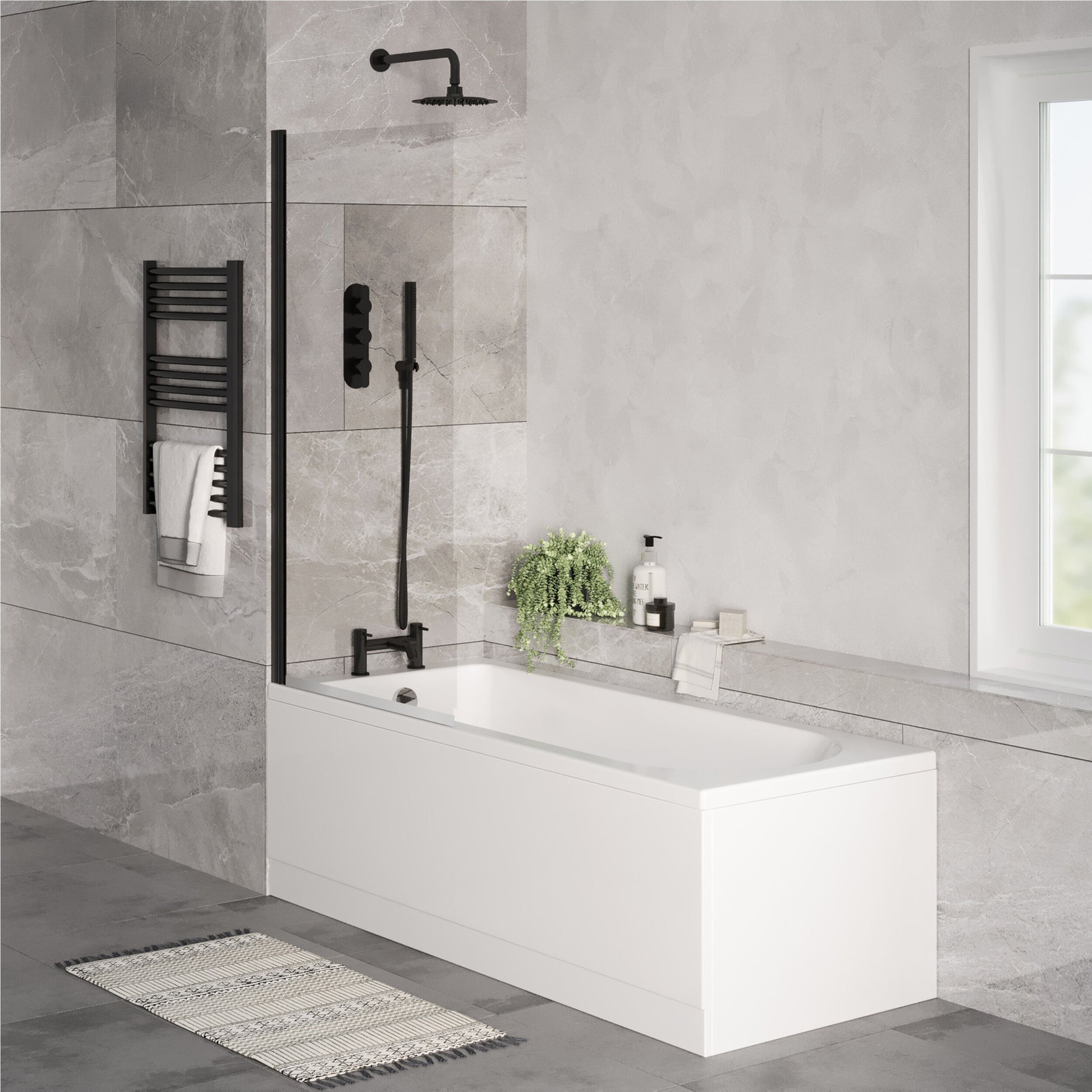 [BBSE60907] Round Single Ended 1700x700 Bath Set - Front & End Panels & Black Screen & Black Waste - Lifestyle 3