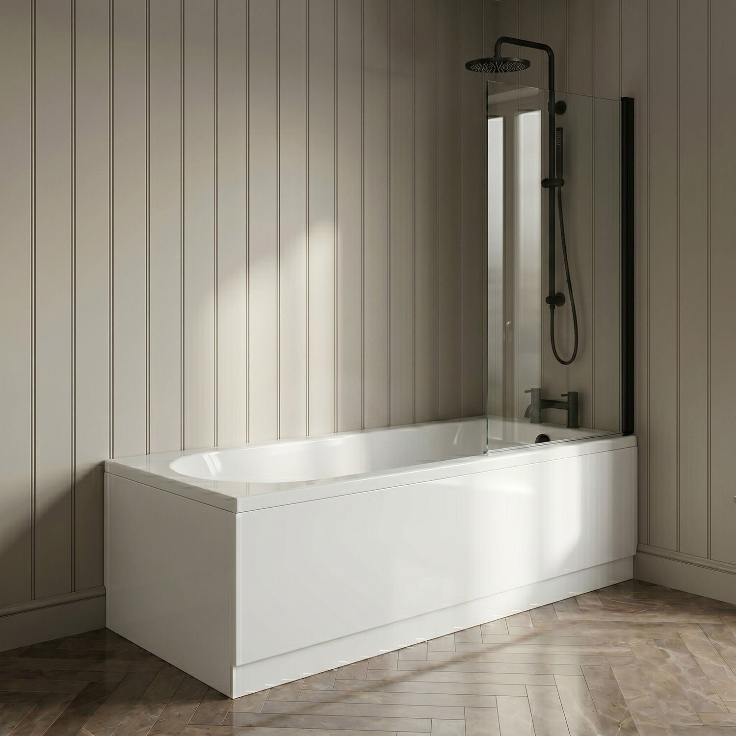 [BBSE60907] Round Single Ended 1700x700 Bath Set - Front & End Panels & Black Screen & Black Waste - Silo