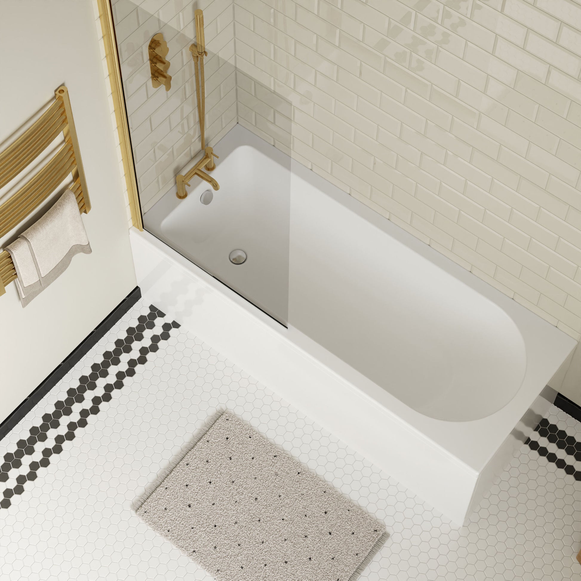 [BBSE60908] Round Single Ended 1700x700 Bath Set - Front & End Panels & Brushed Brass Screen - Lifestyle 2