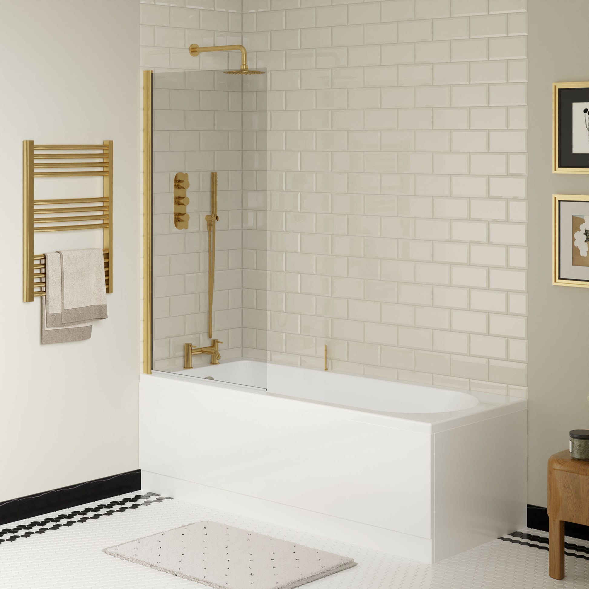[BBSE60908] Round Single Ended 1700x700 Bath Set - Front & End Panels & Brushed Brass Screen - Lifestyle 3