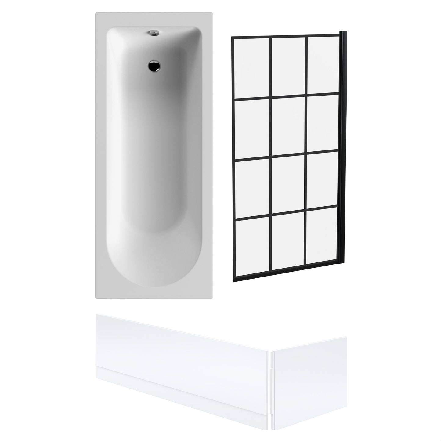 [BBSE609101] Round Single Ended 1700x700 Bath Set - Front & End Panels & Black Square Framed Screen - Cutout