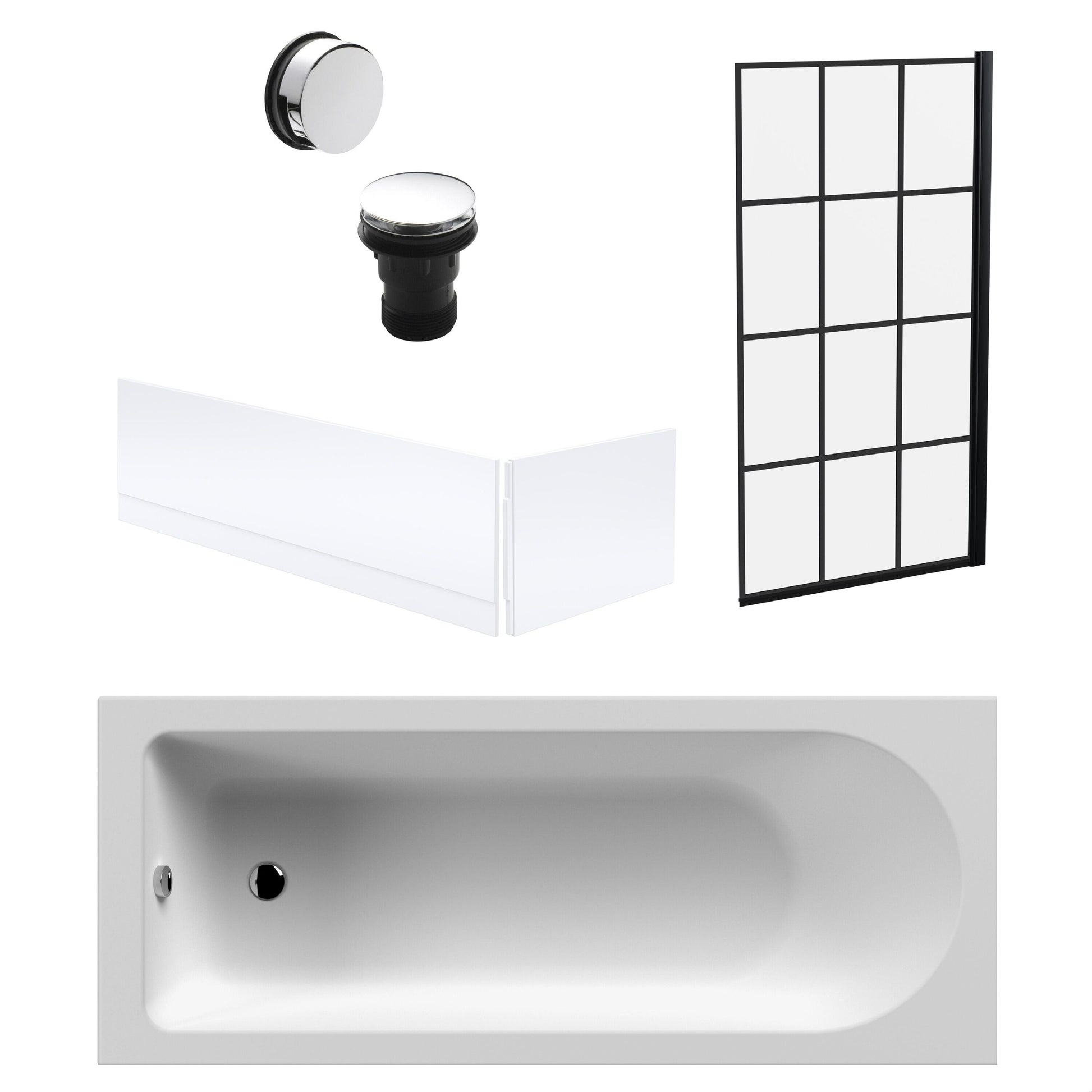 [BBSE609102] Round Single Ended 1700x700 Bath Set - Front & End Panels & Black Square Framed Screen & Chrome Waste - Cutout