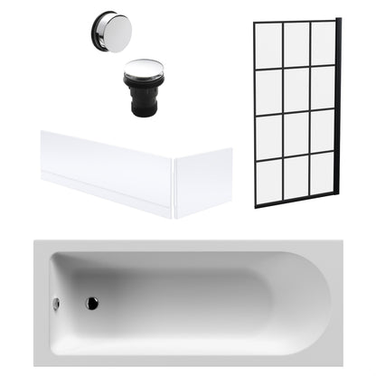 [BBSE609102] Round Single Ended 1700x700 Bath Set - Front & End Panels & Black Square Framed Screen & Chrome Waste - Cutout