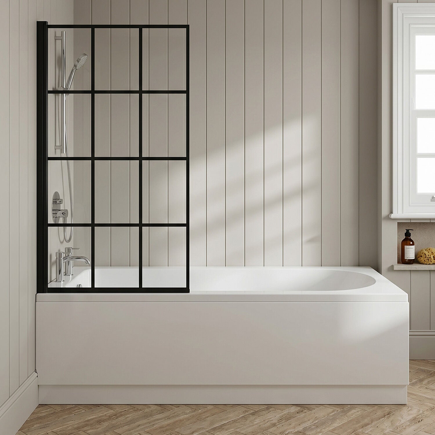 [BBSE609102] Round Single Ended 1700x700 Bath Set - Front & End Panels & Black Square Framed Screen & Chrome Waste - Silo