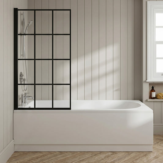 [BBSE609102] Round Single Ended 1700x700 Bath Set - Front & End Panels & Black Square Framed Screen & Chrome Waste - Silo