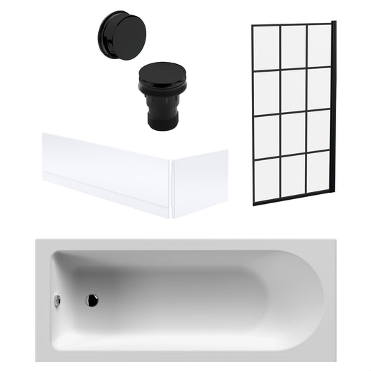 [BBSE609103] Round Single Ended 1700x700 Bath Set - Front & End Panels & Black Square Framed Screen & Black Waste - Cutout
