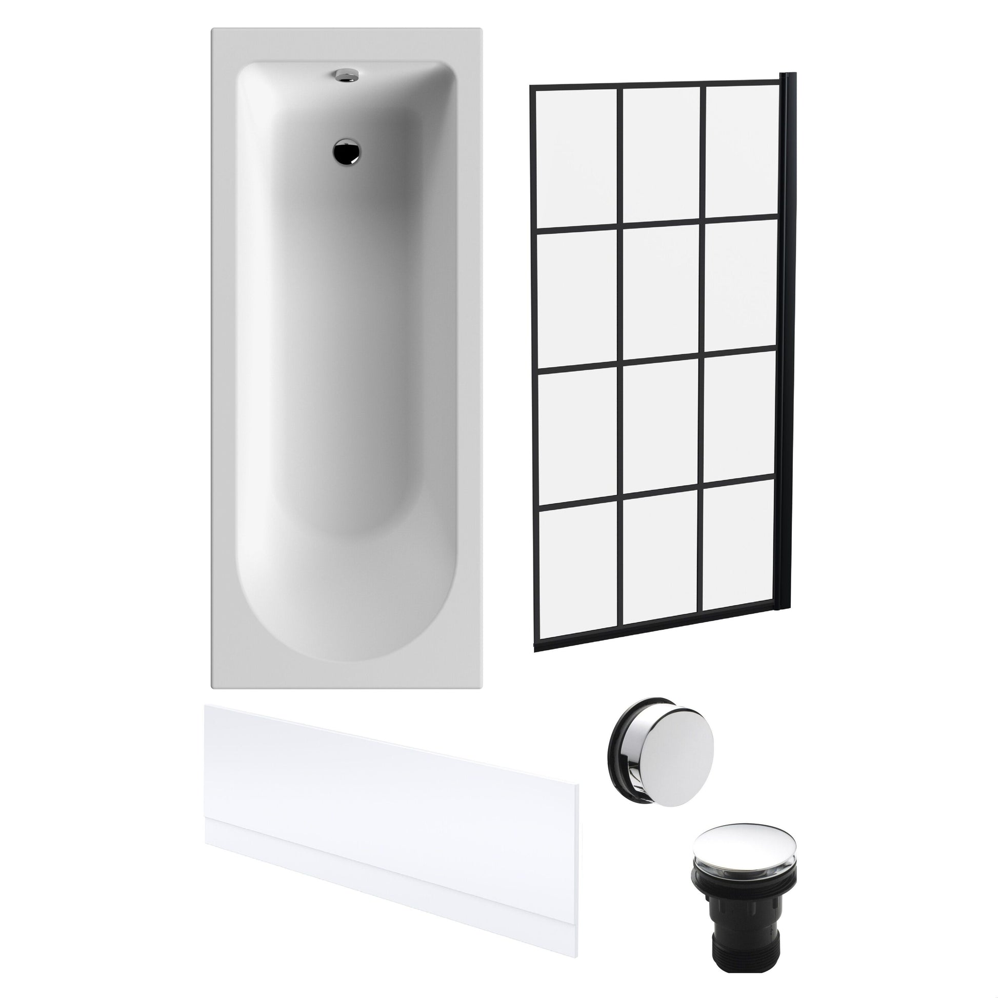 [BBSE609105] Round Single Ended 1700x700 Bath Set - Front Bath Panels & Black Square Framed Screen & Chrome Waste - Cutout