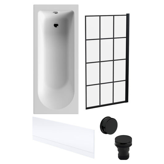 [BBSE609106] Round Single Ended 1700x700 Bath Set - Front Bath Panels & Black Square Framed Screen & Black Waste - Cutout