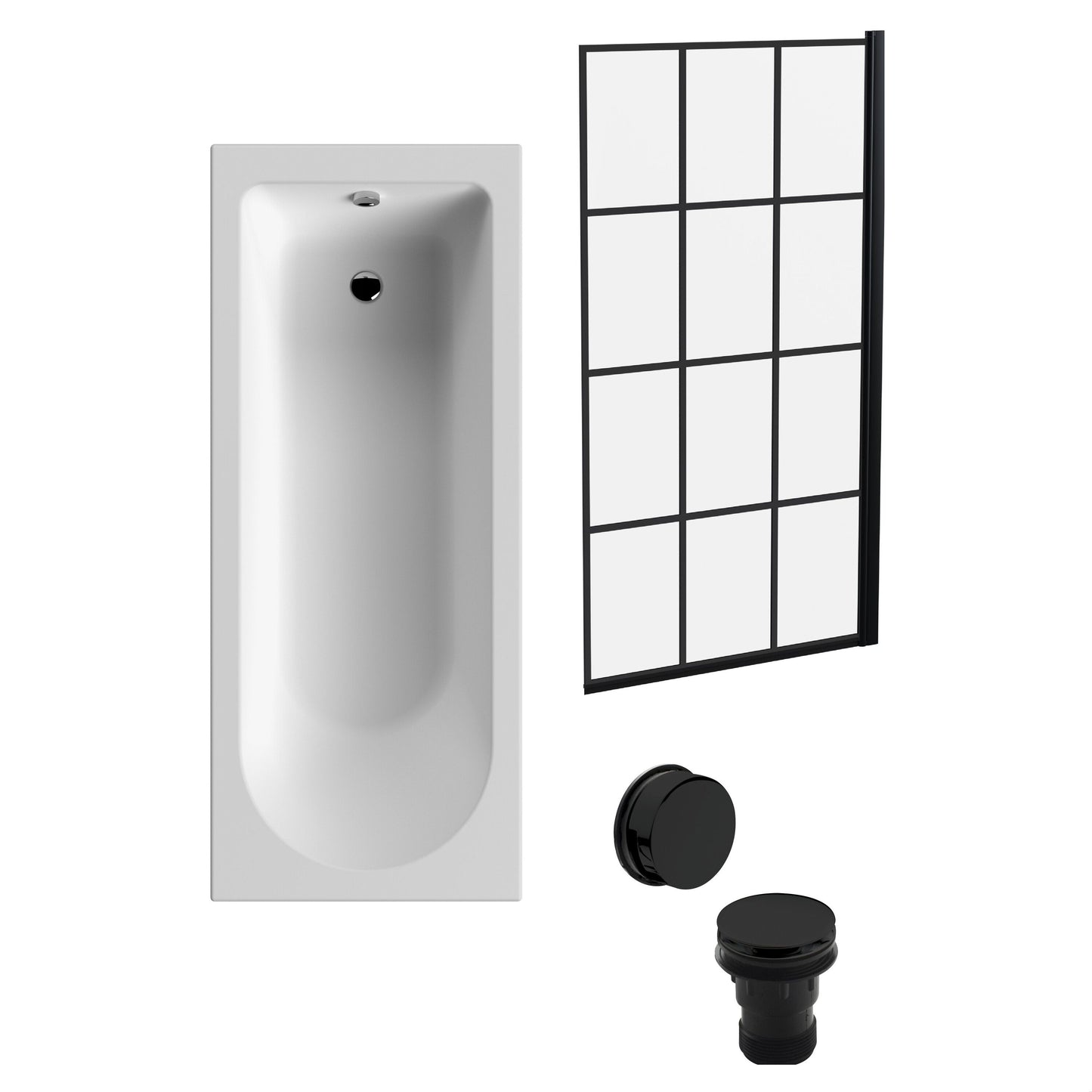 [BBSE609109] Round Single Ended 1700x700 Bath Set - Leg Set & Black Square Framed Screen & Black Waste ( Bath Panels - sold separately) - Cutout
