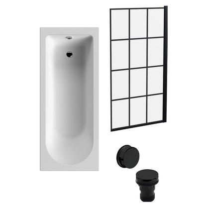 [BBSE609109] Round Single Ended 1700x700 Bath Set - Leg Set & Black Square Framed Screen & Black Waste ( Bath Panels - sold separately) - Cutout