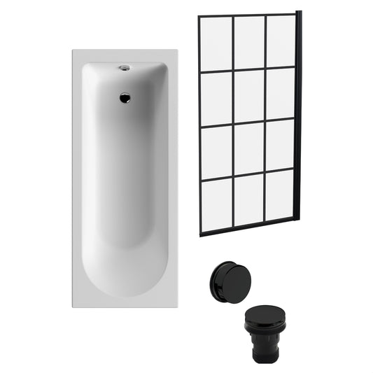 [BBSE609109] Round Single Ended 1700x700 Bath Set - Leg Set & Black Square Framed Screen & Black Waste ( Bath Panels - sold separately) - Cutout