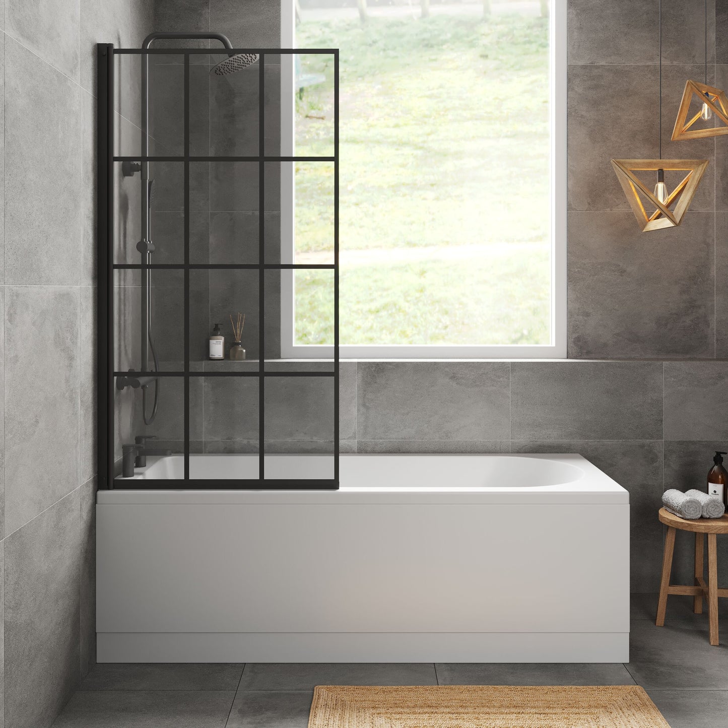 [BBSE609109] Round Single Ended 1700x700 Bath Set - Leg Set & Black Square Framed Screen & Black Waste ( Bath Panels - sold separately) - Lifestyle 1