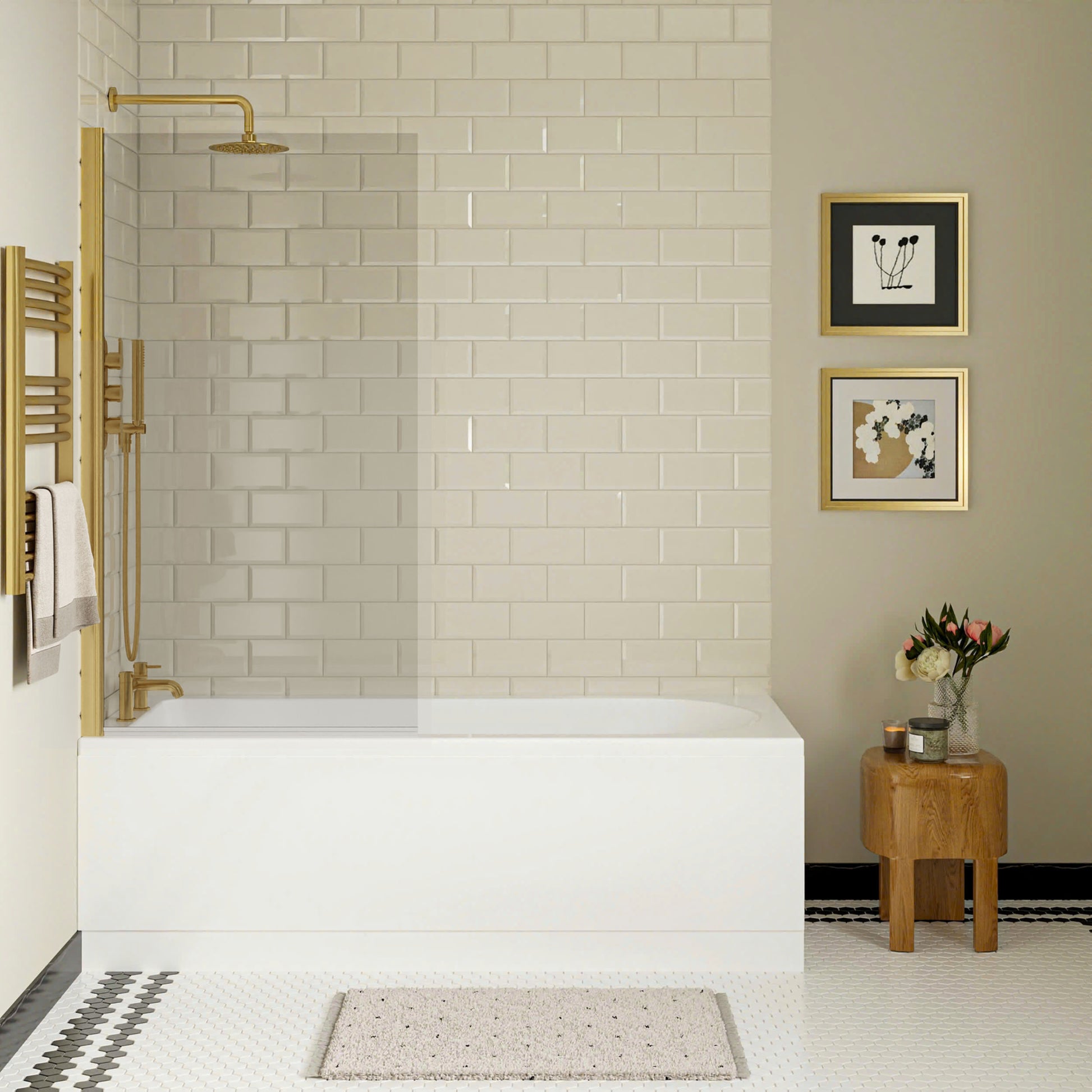 [BBSE60910] Round Single Ended 1700x700 Bath Set - Front & End Panels & Brushed Brass Screen & Brushed Brass Waste - Lifestyle 1