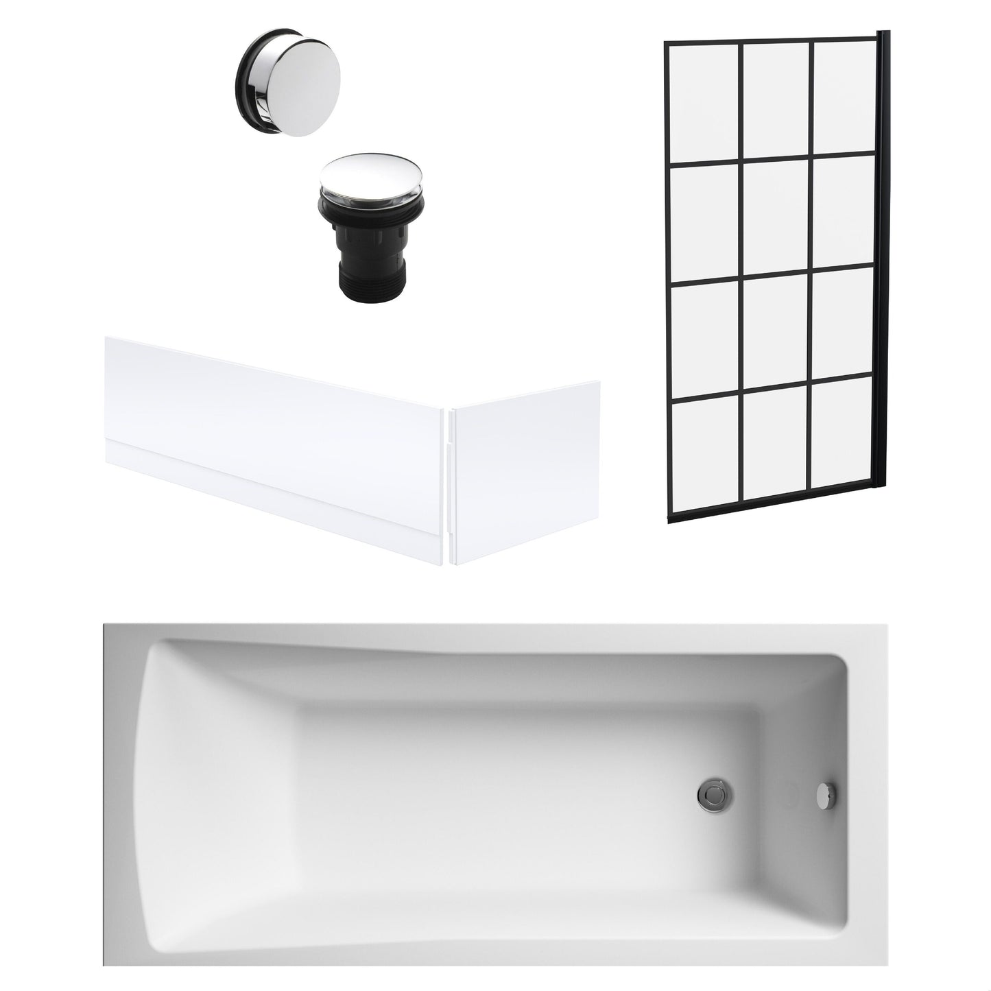 [BBSE609111] Square Single Ended 1700x700 with Front & End Panels & Black Square Framed Screen & Chrome Waste - Cutout