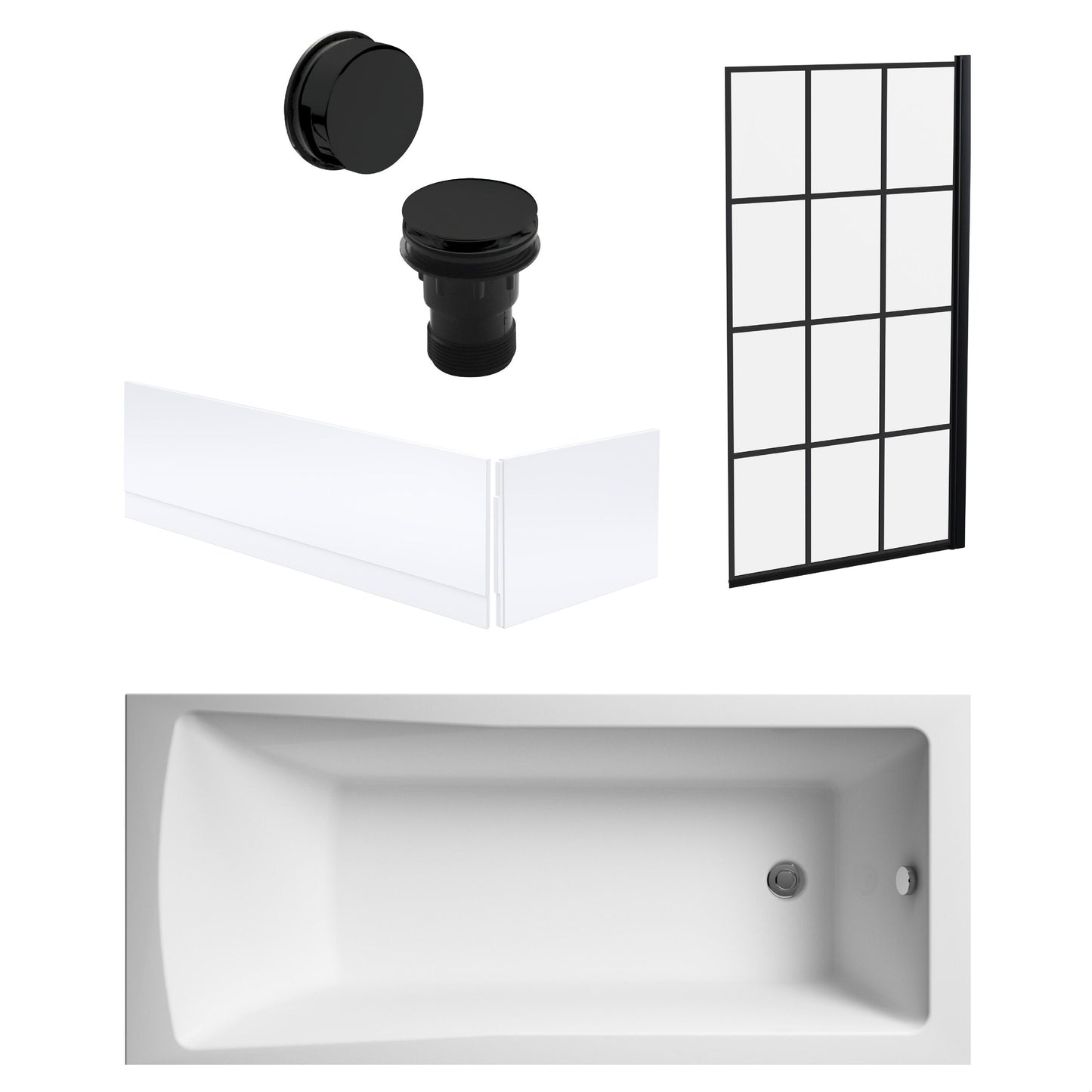 [BBSE609112] Square Single Ended 1700x700 with Front & End Panels & Black Square Framed Screen & Black Waste - Cutout