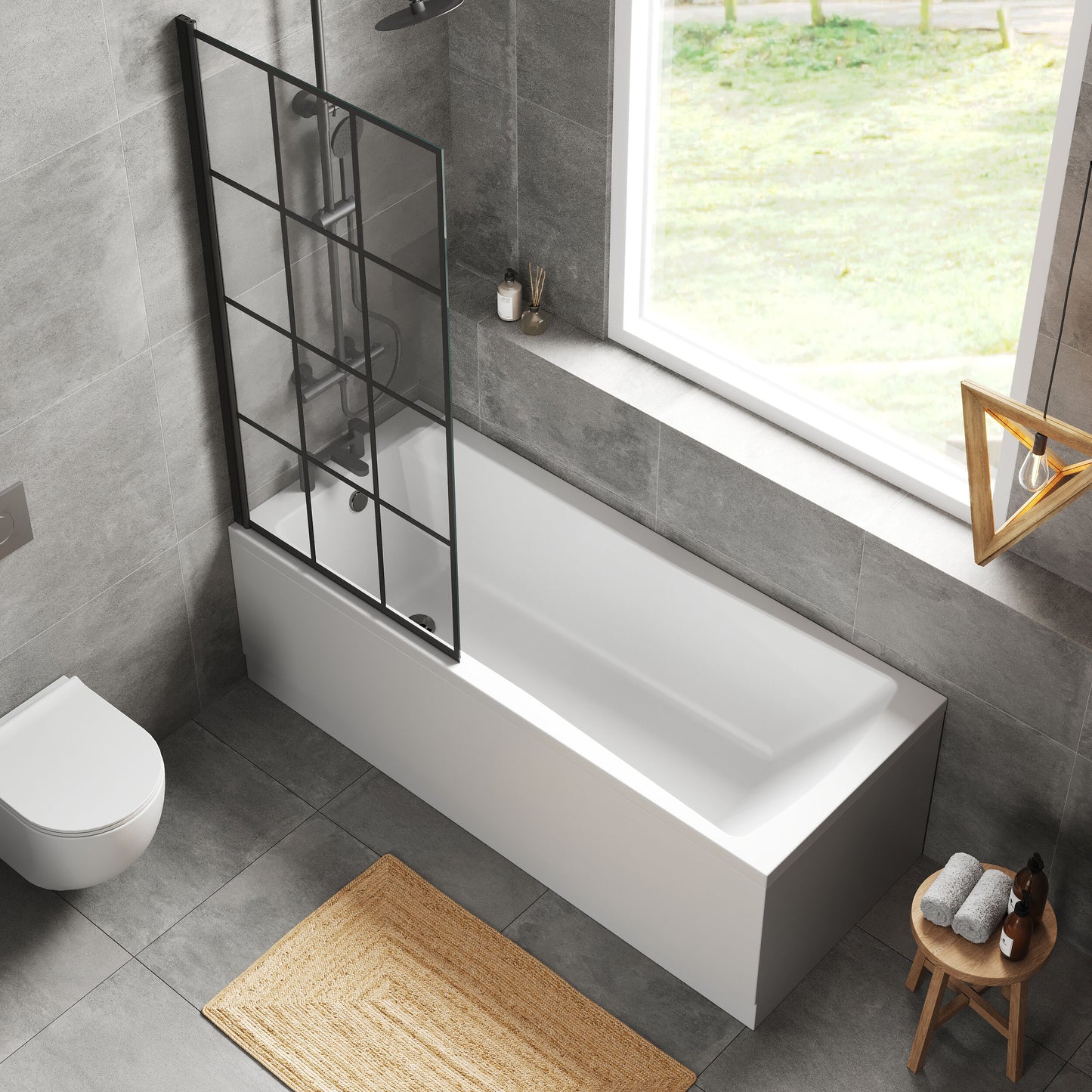 [BBSE609112] Square Single Ended 1700x700 with Front & End Panels & Black Square Framed Screen & Black Waste - Lifestyle 2