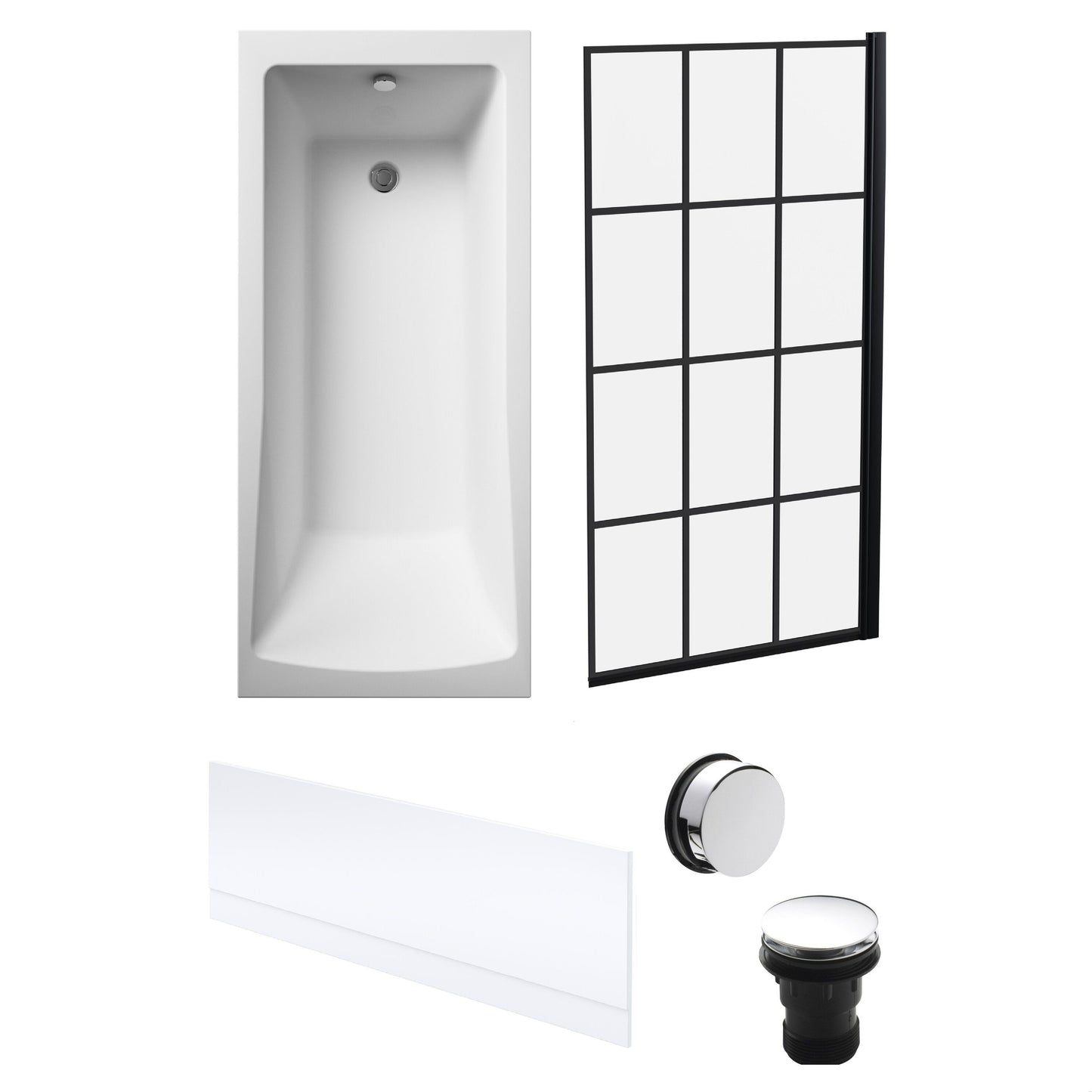 [BBSE609114] Square Single Ended 1700x700 with Front Bath Panel, Black Square Framed Screen & Chrome Waste - Cutout