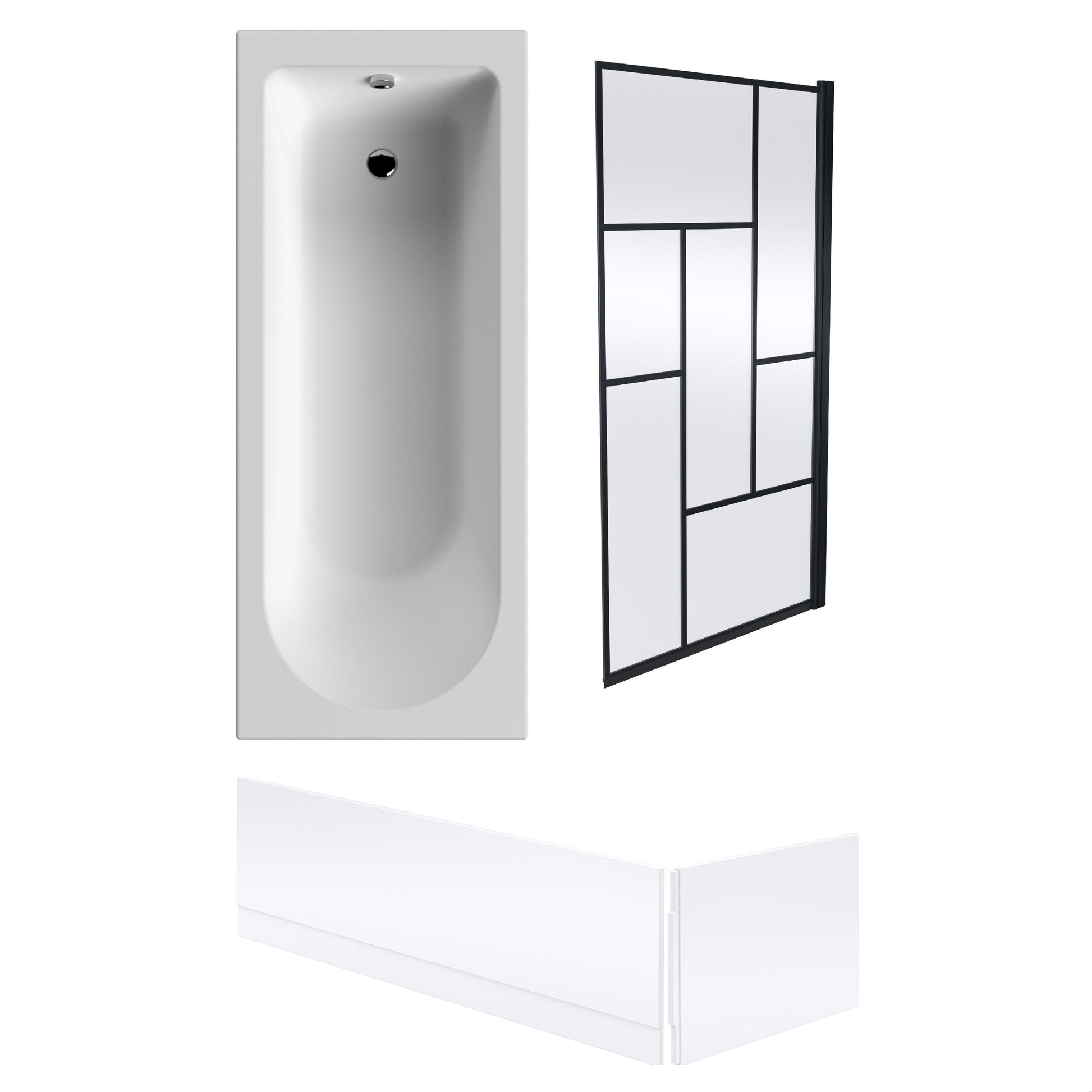 [BBSE60911] Round Single Ended 1700x700 Bath Set - Front & End Panels, Black Abstract Framed Screen & Leg Set - Cutout
