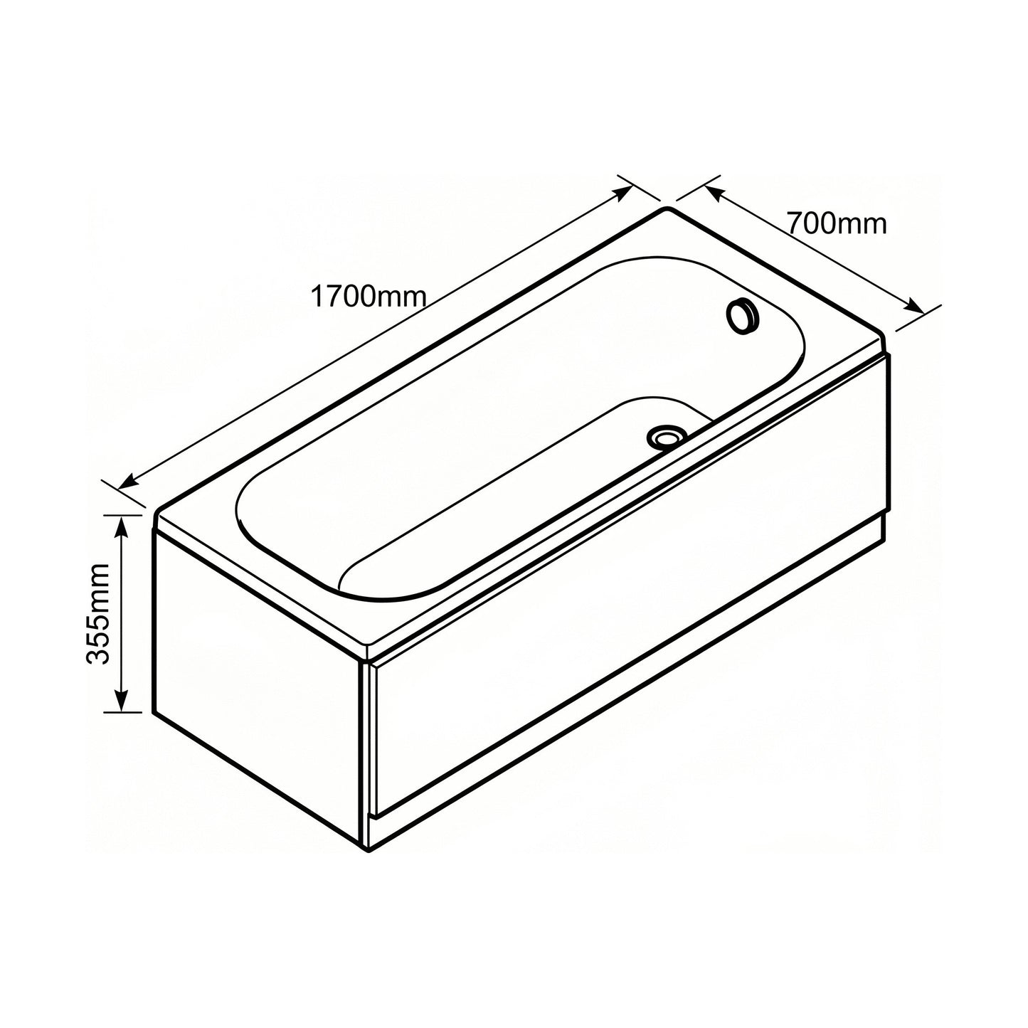 [BBSE60916] Round Single Ended 1700x700 Bath Set - Front Bath Panel & Black Waste - Technical Drawing