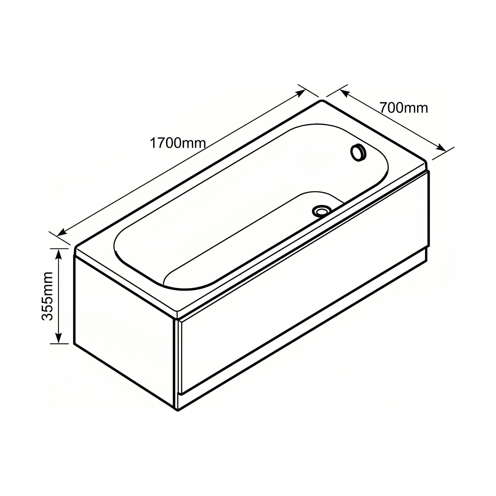 [BBSE60916] Round Single Ended 1700x700 Bath Set - Front Bath Panel & Black Waste - Technical Drawing