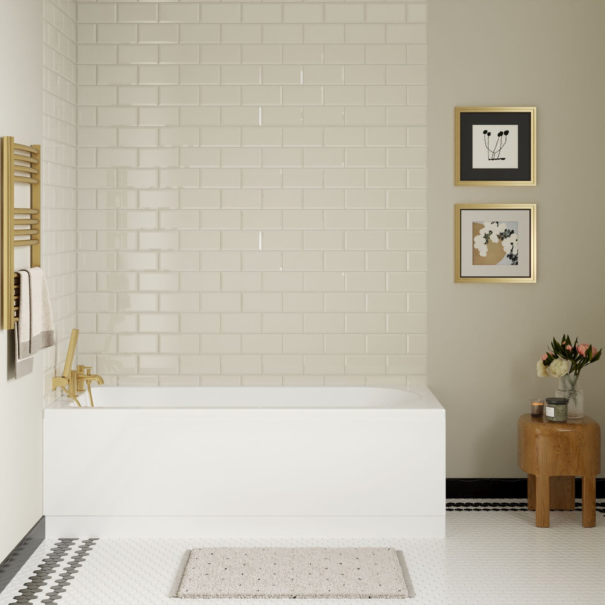 [BBSE60917] Round Single Ended 1700x700 Bath Set - Front & End Panels & Brushed Brass Waste - Lifestyle 1