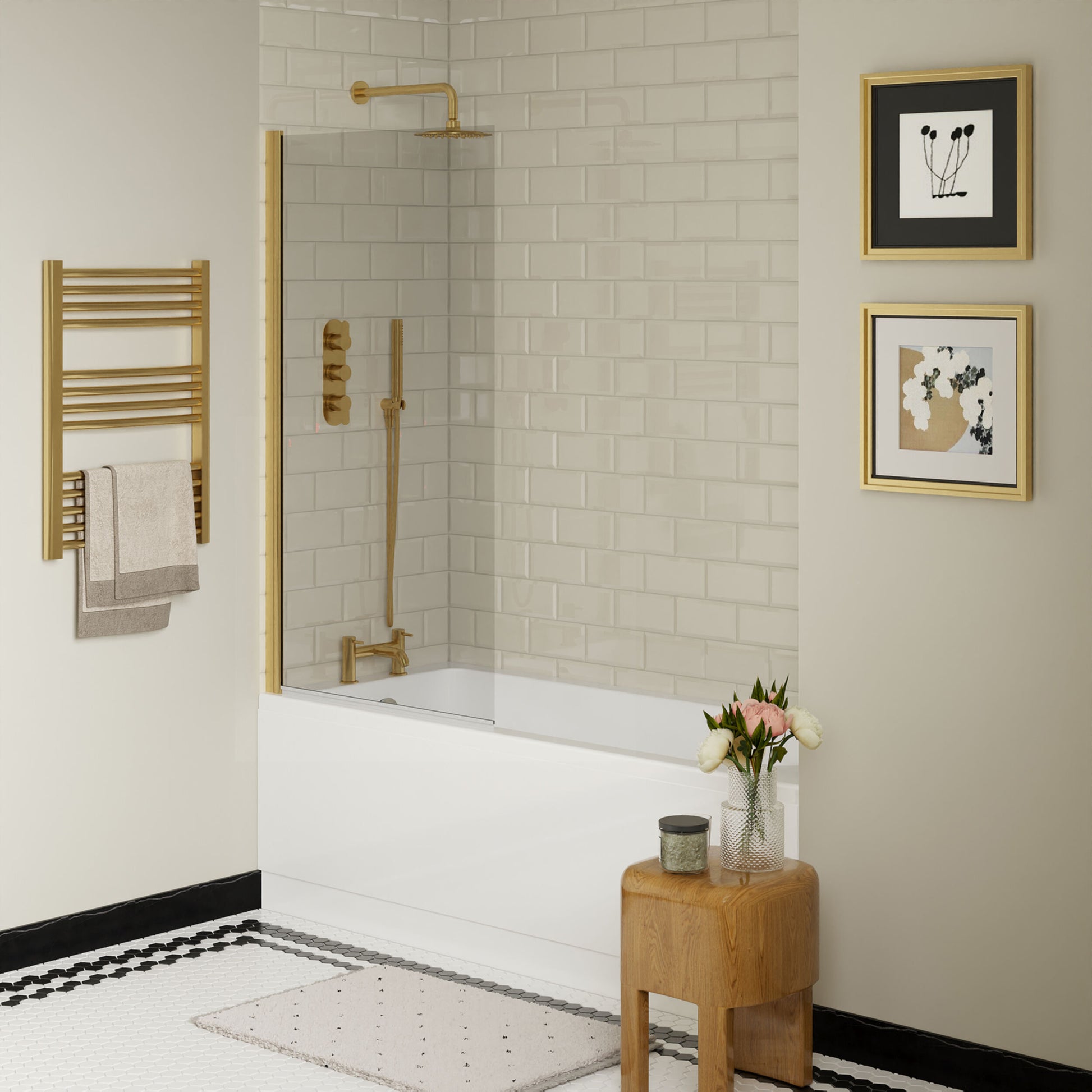 [BBSE60925] Round Single Ended 1700x700 Bath Set - Front Bath Panel & Brushed Brass Screen - Lifestyle 3