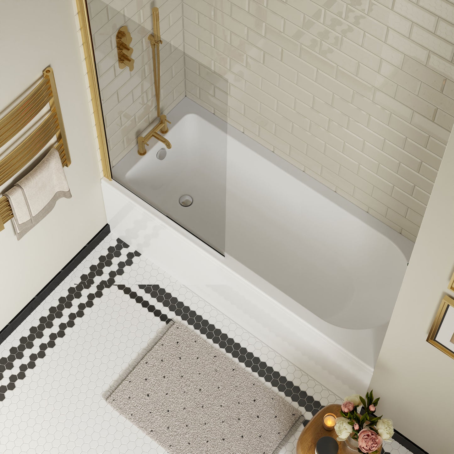 [BBSE60926] Round Single Ended 1700x700 Bath Set - Front Bath Panel & Brushed Brass Screen & Chrome Waste - Lifestyle 2