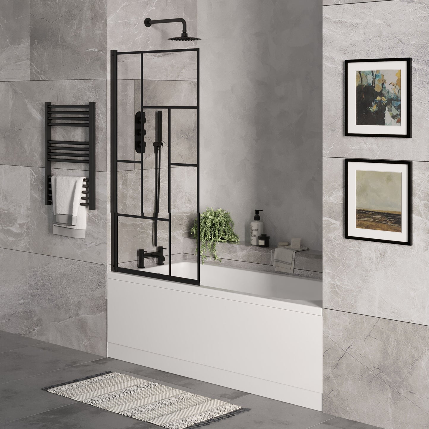 [BBSE60928] Round Single Ended 1700x700 Bath Set - Front Bath Panel & Black Abstract Framed Screen - Lifestyle 3