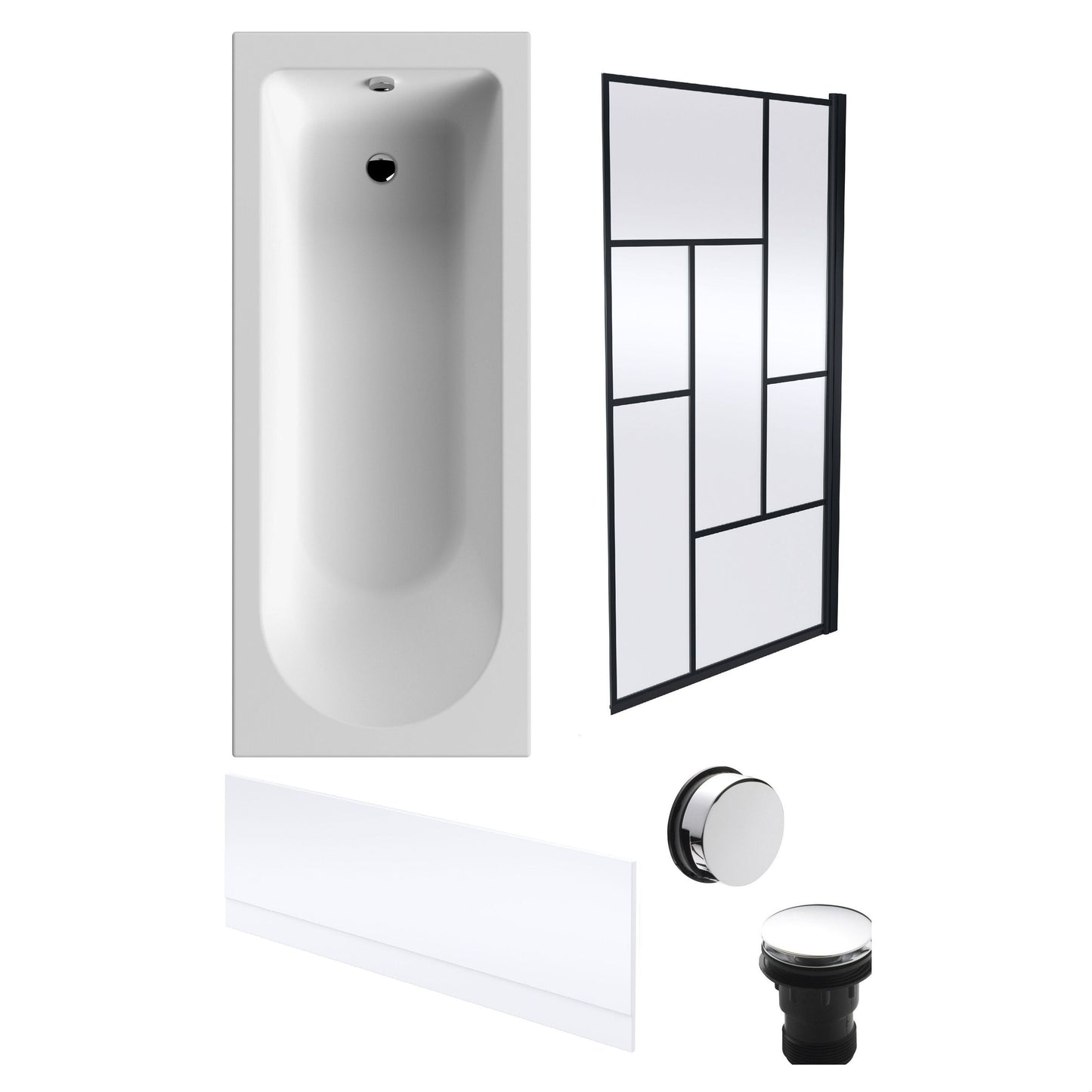 [BBSE60929] Round Single Ended 1700x700 Bath Set - Front Bath Panel & Black Abstract Framed Screen & Chrome Waste - Cutout