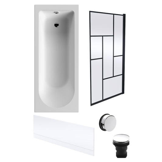 [BBSE60929] Round Single Ended 1700x700 Bath Set - Front Bath Panel & Black Abstract Framed Screen & Chrome Waste - Cutout