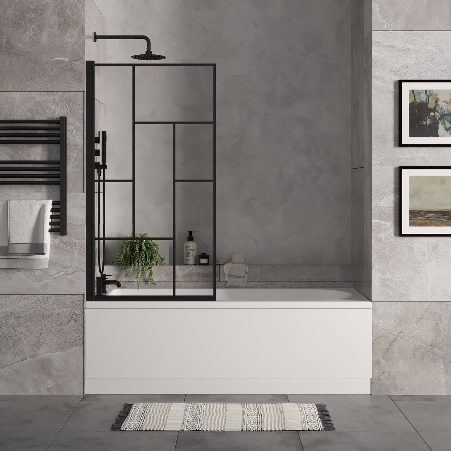 [BBSE60929] Round Single Ended 1700x700 Bath Set - Front Bath Panel & Black Abstract Framed Screen & Chrome Waste - Lifestyle 1